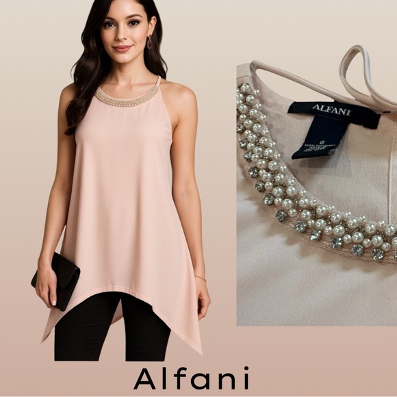 Alfani Pink Beaded rhinestone Sleeveless Tunic Top Size 8 Elegant Dressy Blouse - Picture 10 of 14